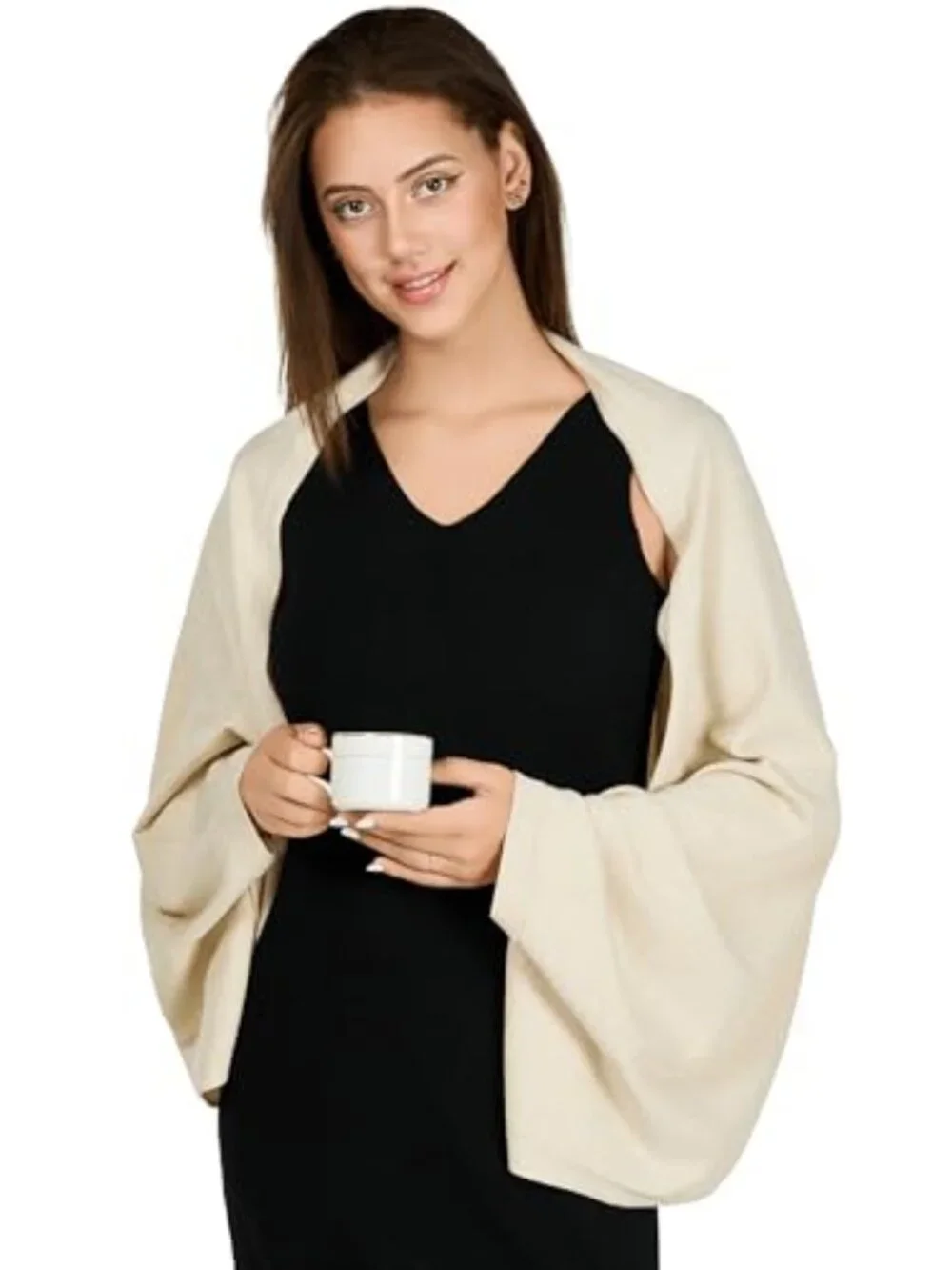 Knitted Shawl Wrap with Sleeves, Viscose Blend, 4-Way Wear, 57
